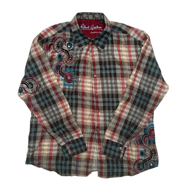 Robert Graham Limited Edition Plaid Shirt 2XL Embroidered 100% Silk Flip Cuff - Picture 10 of 16